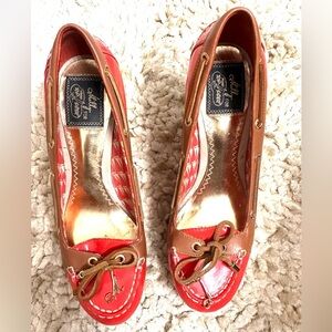 Milly for Sperry Top Siders Leather Orange-Brown Espadrille Wedge Boat Shoes S-6